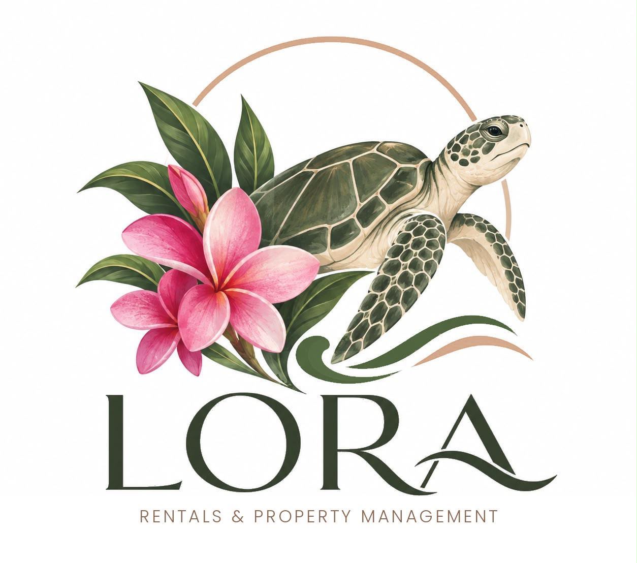 Lora Rentals & Property Management – turtle and tropical flowers logo